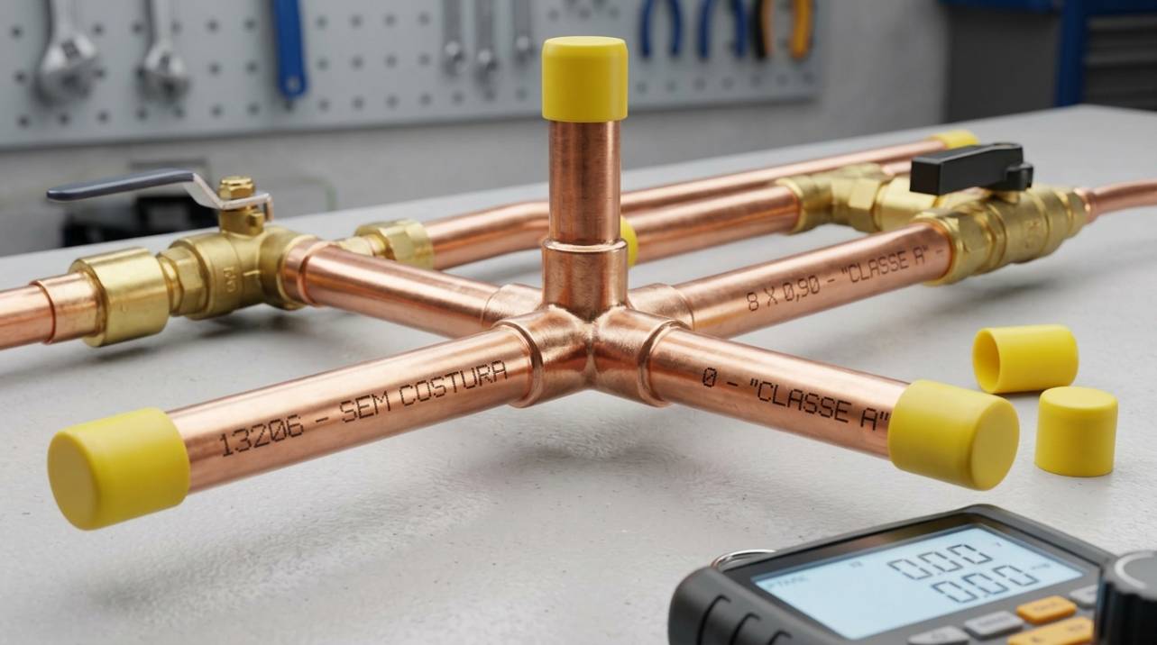 Detalhe de tubos de cobre classe A conectados em uma instalação hidráulica, evidenciando a robustez e estanqueidade para prevenção de vazamentos.