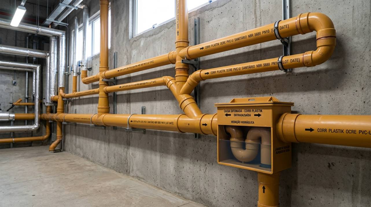 Exemplo de tubulação de esgoto sanitário em PVC ocre instalado, mostrando conexões e caixas sifonadas para direcionamento e vedação de gases conforme as normas técnicas.