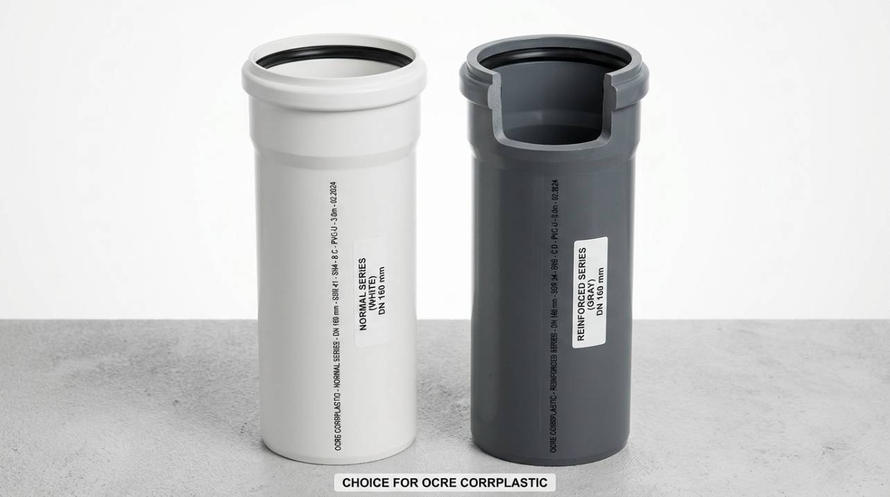 Comparativo visual entre tubos de PVC para esgoto das séries Normal (branco) e Reforçada (cinza), destacando suas diferenças de espessura e cor, conforme discutido para a escolha ideal do Ocre Corrplastic.