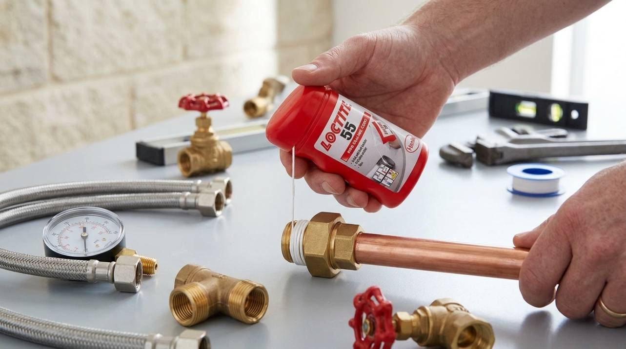 Aplicação de vedante de rosca em uma conexão hidráulica, ilustrando a preparação para uma vedação segura e sem vazamentos.