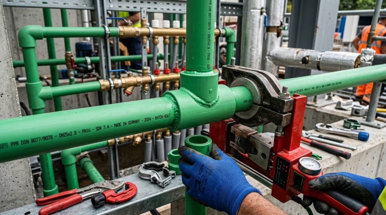 Tubos e conexões PPR verdes, ilustrando a conexão por termofusão para sistemas hidráulicos de água quente e fria.