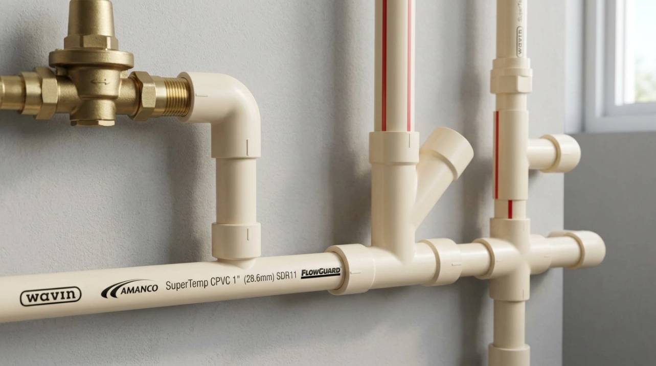 Detalhe de tubulação Amanco Super CPVC FlowGuard em uma instalação hidráulica, ilustrando a superfície lisa e a resistência do material.