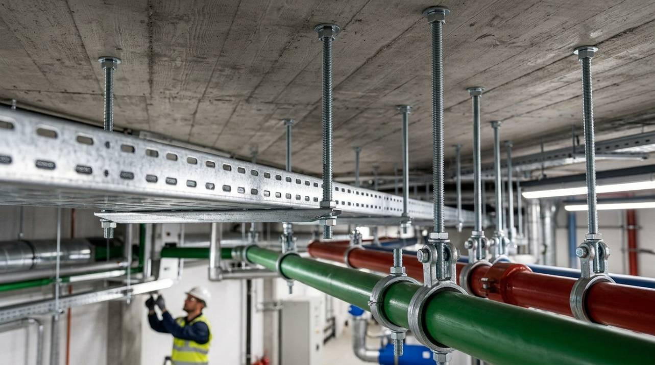 Barra roscada sustentando tubulações hidráulicas e eletrocalhas em uma instalação industrial, demonstrando a fixação segura e ajustável