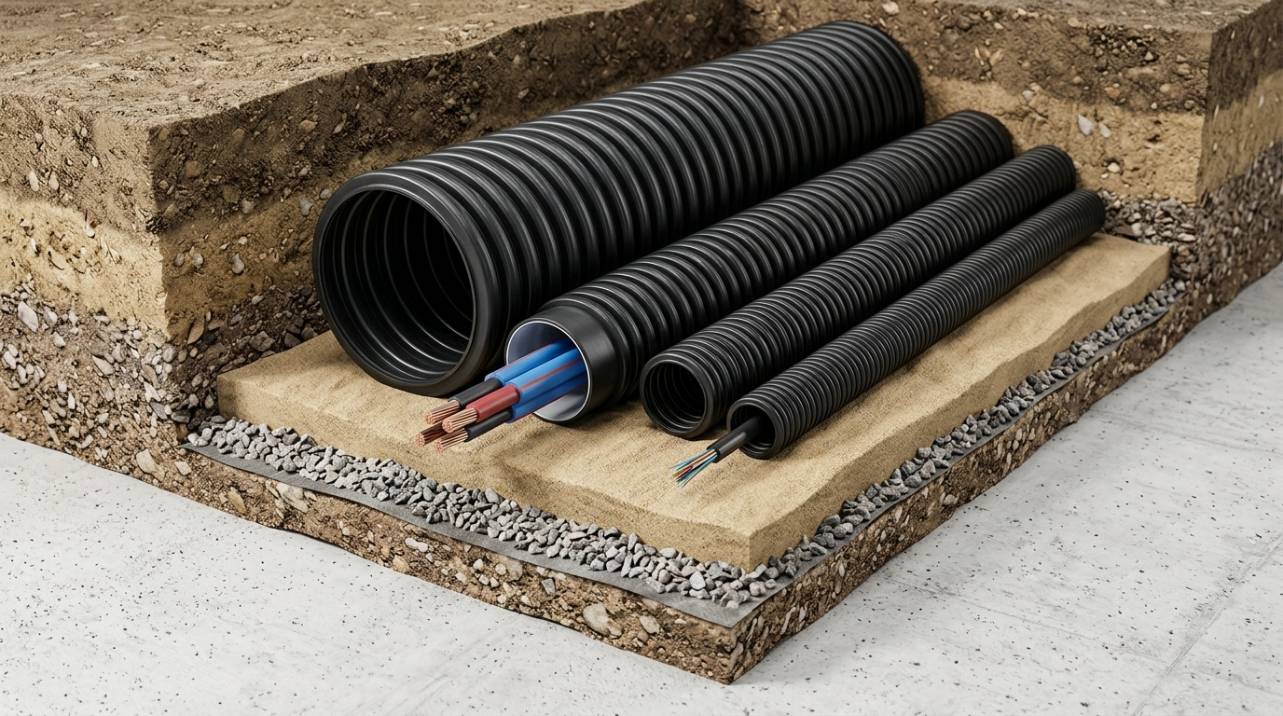 Eletroduto de PEAD corrugado de parede dupla, demonstrando a proteção robusta para cabos elétricos subterrâneos.