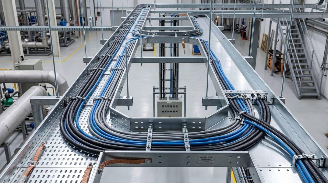 Eletrocalha perfurada instalada em ambiente industrial com cabos organizados, demonstrando o direcionamento e a proteção contra danos mecânicos e desorganização, conforme normas técnicas.
