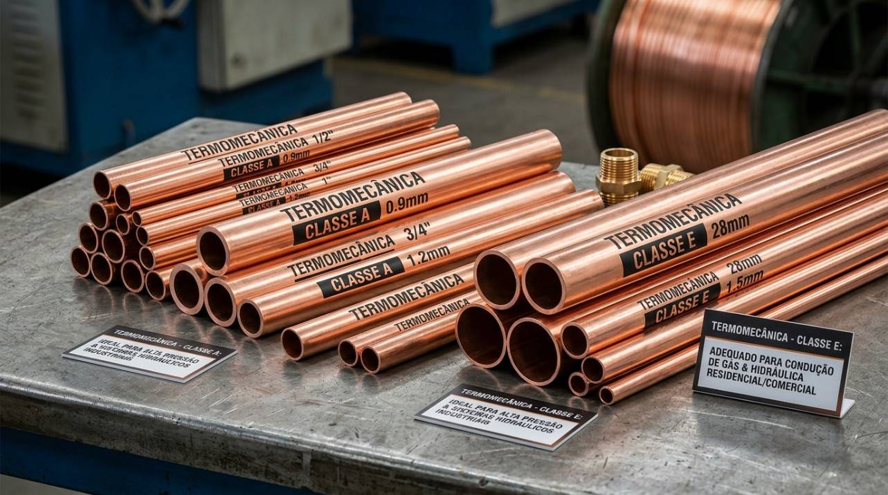 Tubos de cobre Termomecânica em diferentes diâmetros e espessuras de parede, demonstrando as classes A e E para diversas aplicações hidráulicas e de gás.