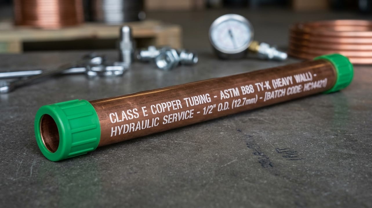 Tubo de cobre Classe E com tampões verdes, exemplificando suas características físicas e identificação padrão para instalações hidráulicas.