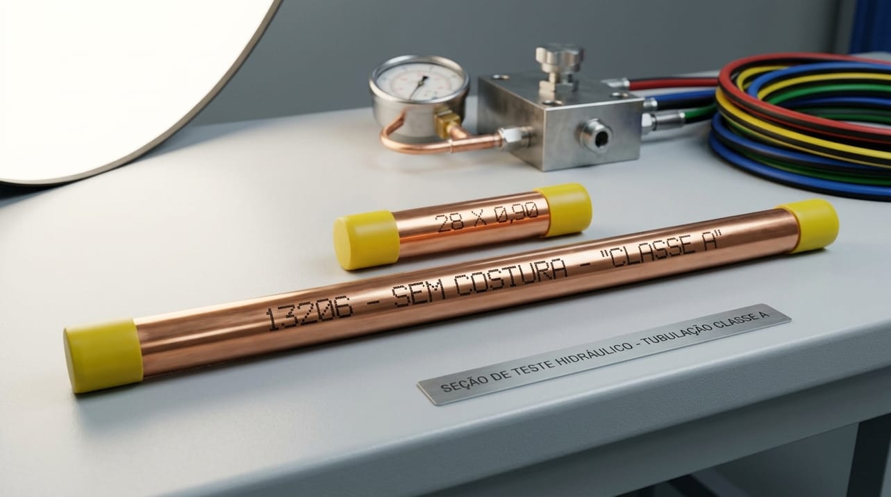 Seção de Tubo de Cobre Classe A, demonstrando a robustez do material para sistemas hidráulicos.