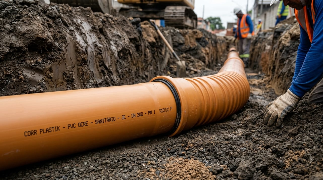 Tubulação de esgoto ocre em PVC com sistema de junta elástica instalado em uma vala de projeto de saneamento, ilustrando a flexibilidade e a vedação estanque para drenagem eficiente.