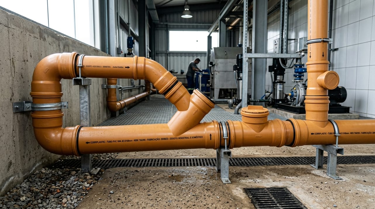 Tubulações e conexões de PVC na cor ocre da linha Corrplastic para redes coletoras de esgoto doméstico e industrial, conforme as normas técnicas brasileiras.