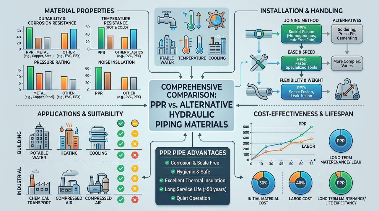 Esquema comparativo de desempenho e aplicação de tubos PPR e outros materiais de tubulação hidráulica para sistemas prediais e industriais