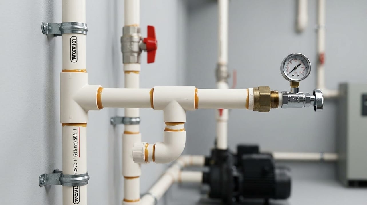 Conjunto de tubos e conexões CPVC Amanco instalados, demonstrando a correta união por solda a frio e o sistema hidráulico montado.