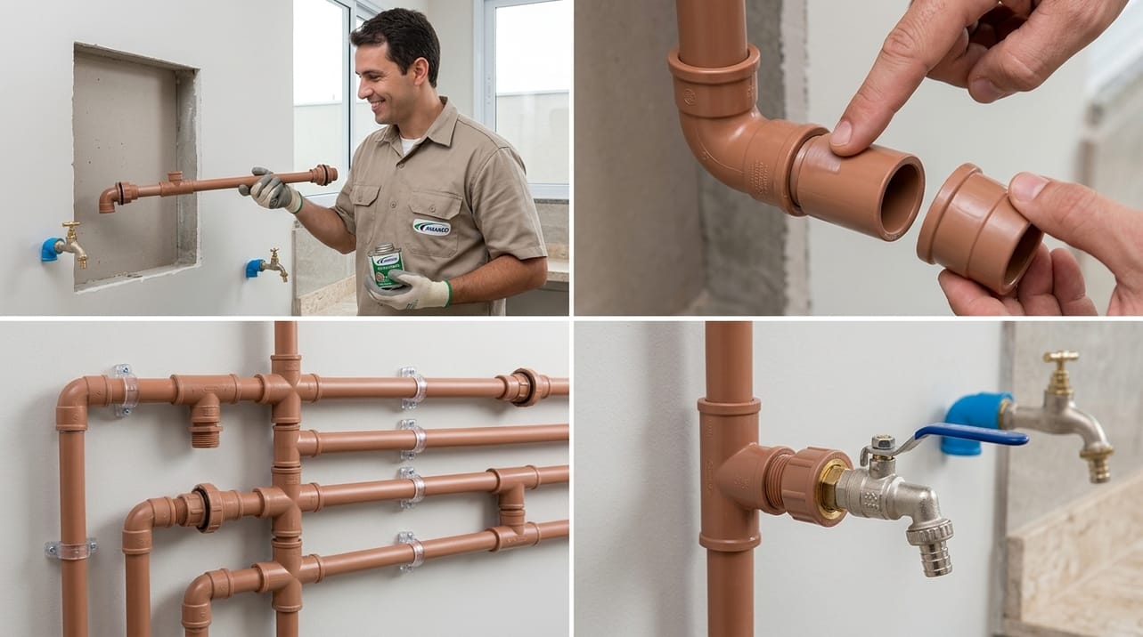 Tubulação de PVC Amanco Soldável em instalação predial, destacando a leveza e facilidade de manuseio para sistemas de água fria.