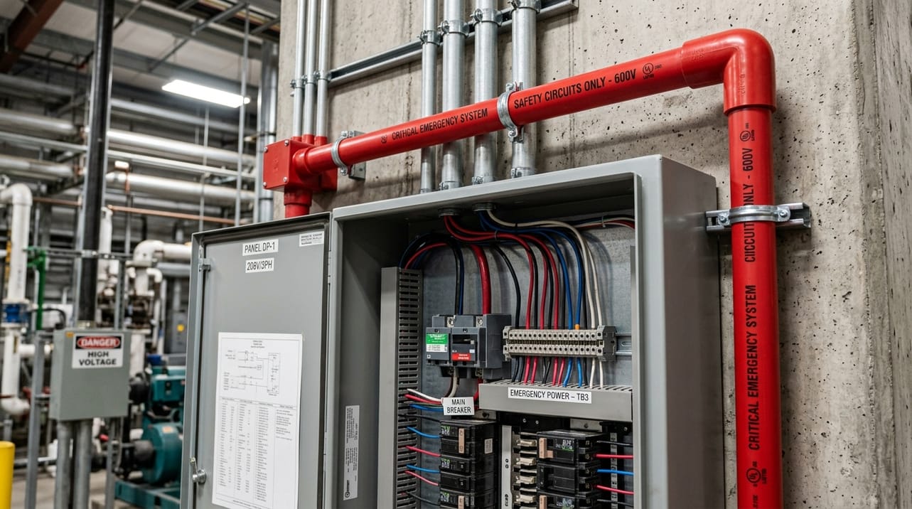 Eletroduto PVC vermelho instalado em painel elétrico, evidenciando a sinalização visual para sistemas críticos de segurança e emergência.