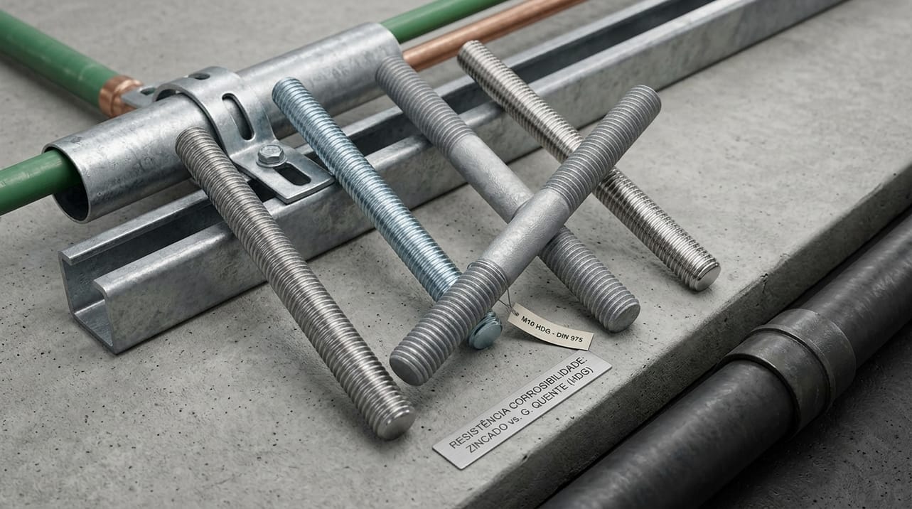 Variedade de barras roscadas com diferentes tipos de acabamento superficial, como zincado e galvanizado a quente, demonstrando a proteção contra corrosão e desgaste em aplicações elétricas e hidráulicas.