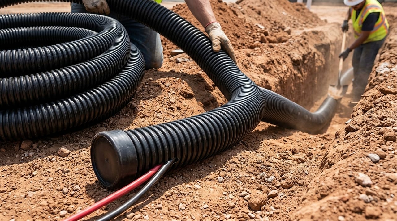 Eletroduto PEAD corrugado instalado em vala para proteção de cabos elétricos, destacando sua flexibilidade e resistência a impactos.