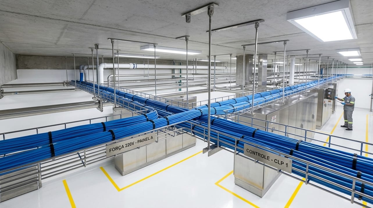 Eletrocalha aramada inox instalada em um ambiente industrial limpo, demonstrando organização e segurança para a fiação elétrica.