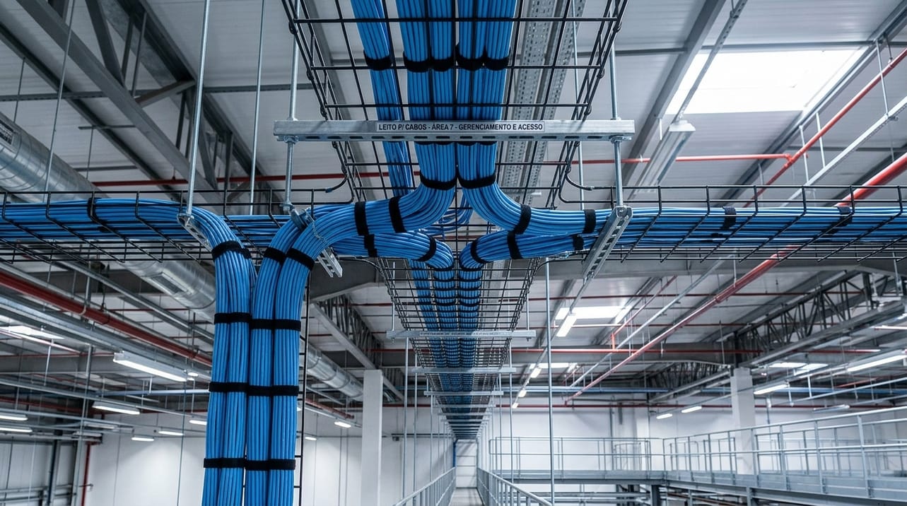 Leito aramado instalado em teto de galpão industrial, com cabos elétricos organizados e fixados, demonstrando o gerenciamento eficiente e a facilidade de acesso para manutenção.