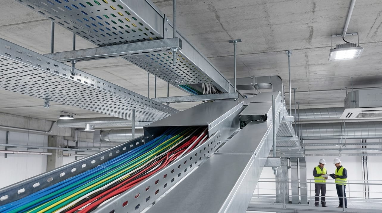 Sistema de eletrocalhas metálicas perfuradas e lisas instaladas em um ambiente industrial, demonstrando a organização e proteção dos cabos elétricos conforme as diretrizes técnicas.