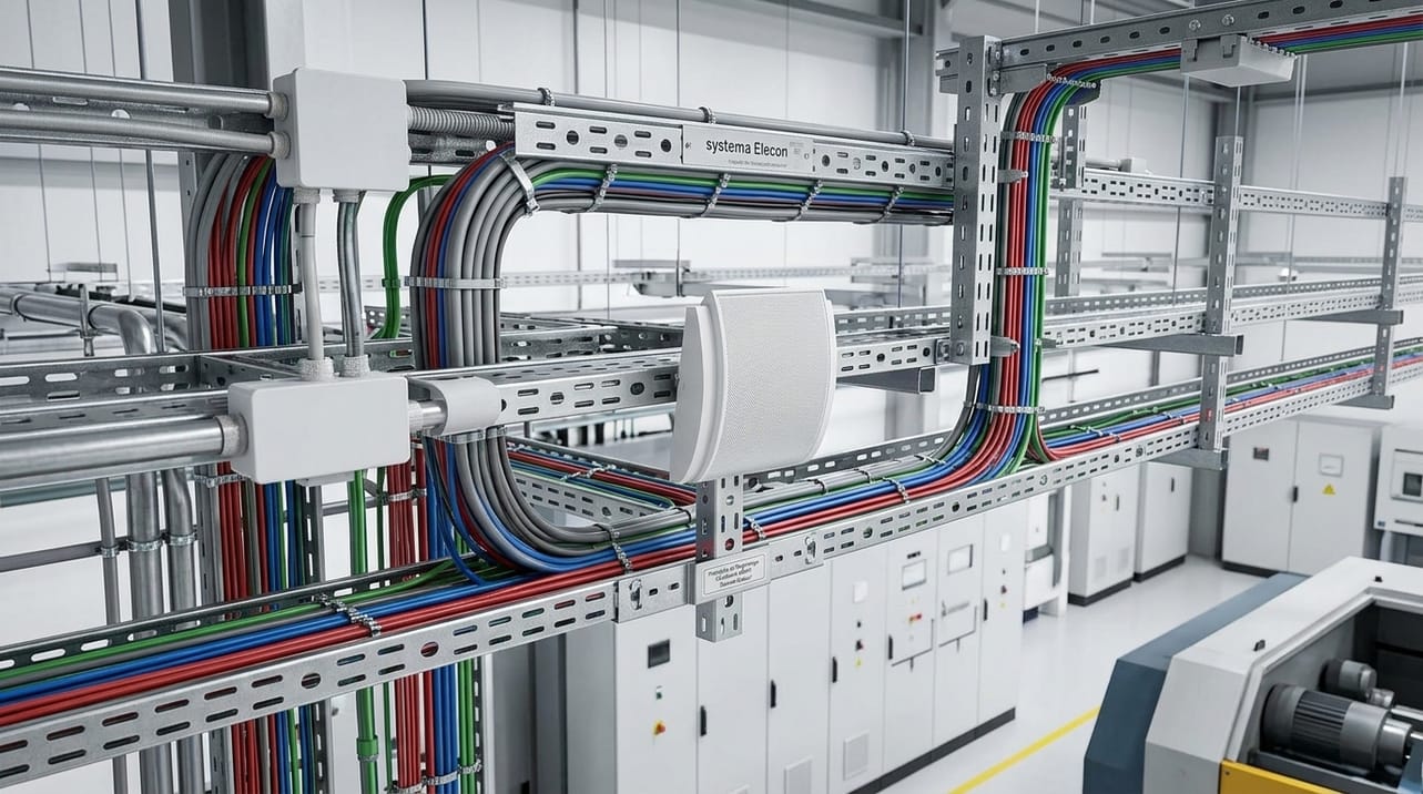 Sistema de perfilados Elecon em uma instalação industrial, organizando múltiplos cabos elétricos com segurança e permitindo futuras expansões.
