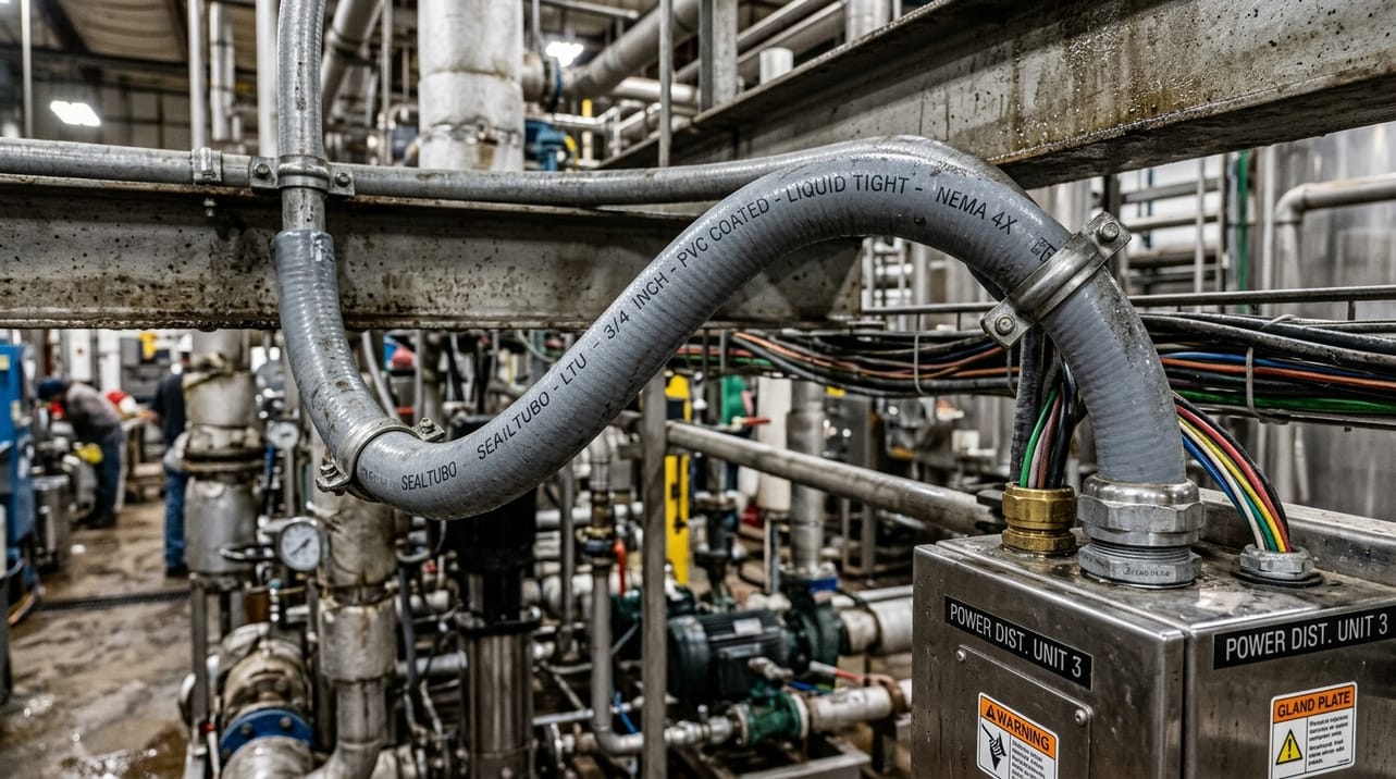 Eletroduto sealtubo flexível metálico revestido de PVC, curvado para proteção de cabos elétricos em uma instalação industrial, destacando sua estanqueidade e resistência.