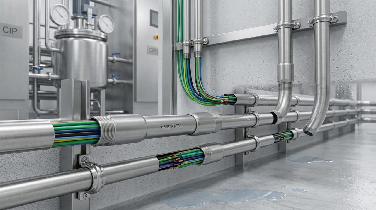 Eletroduto rígido em aço inox instalado em ambiente industrial, ilustrando a resistência à corrosão e a proteção mecânica para cabos elétricos.