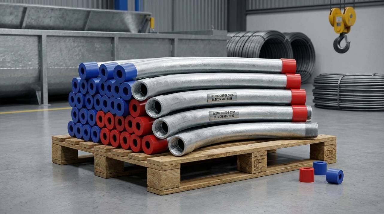 Eletrodutos 5598 Elecon galvanizados a fogo, empilhados em ambiente industrial, destacando a rosca BSP e a robustez para instalações elétricas críticas
