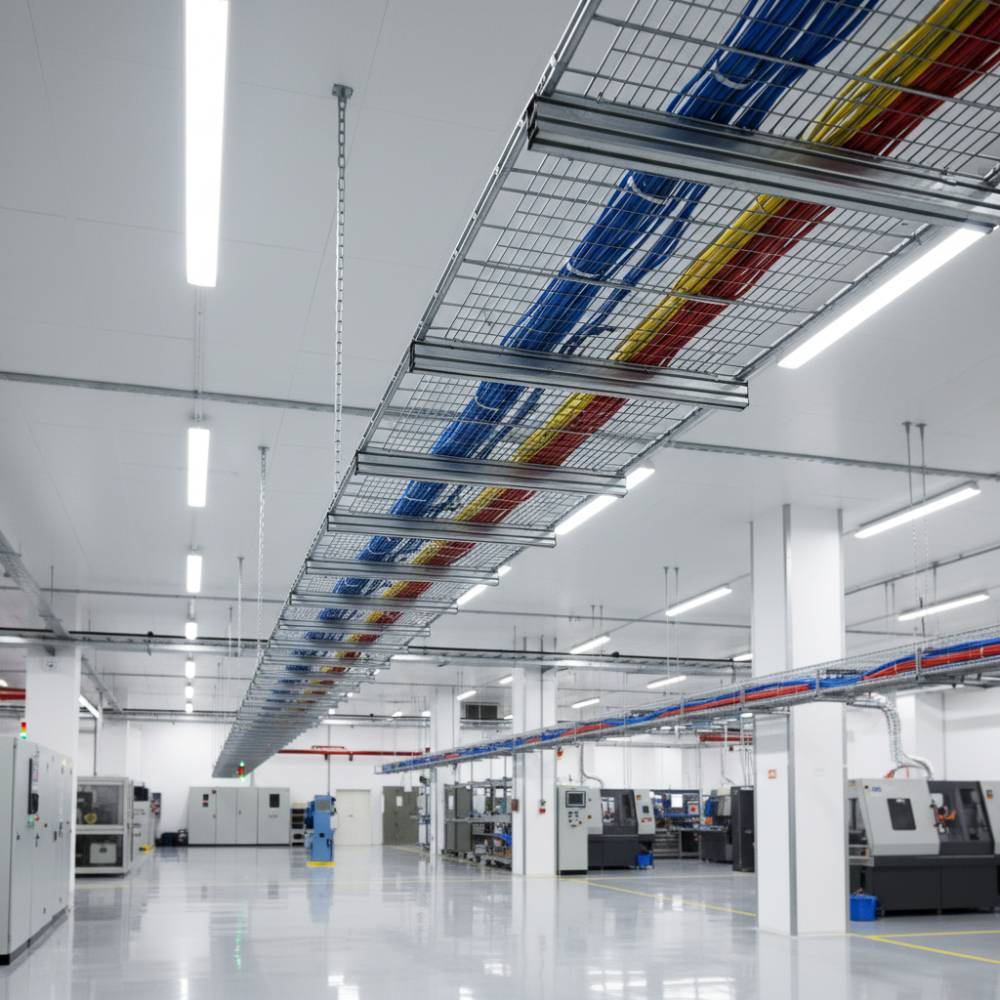 Leito Aramado Elecon instalado em ambiente industrial para organização de cabos elétricos