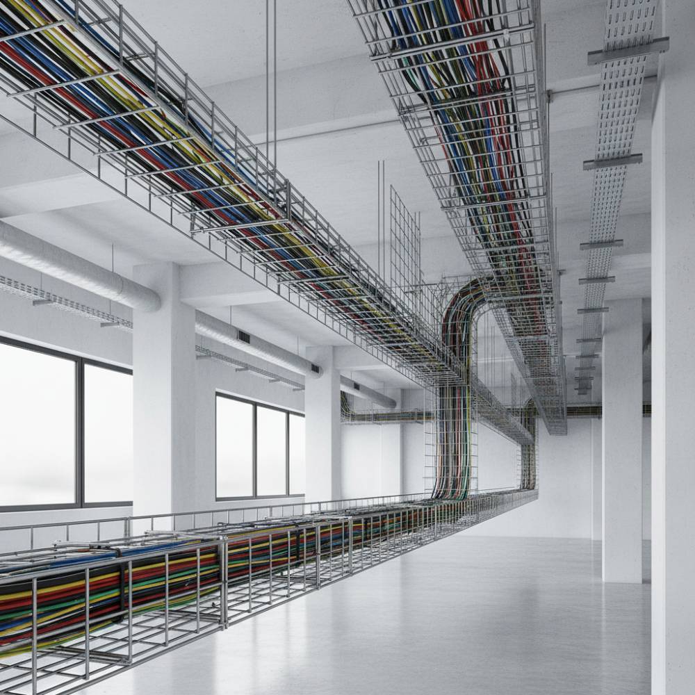 Modelos 3D BIM do Leito Aramado Elecon em projeto de instalação elétrica industrial