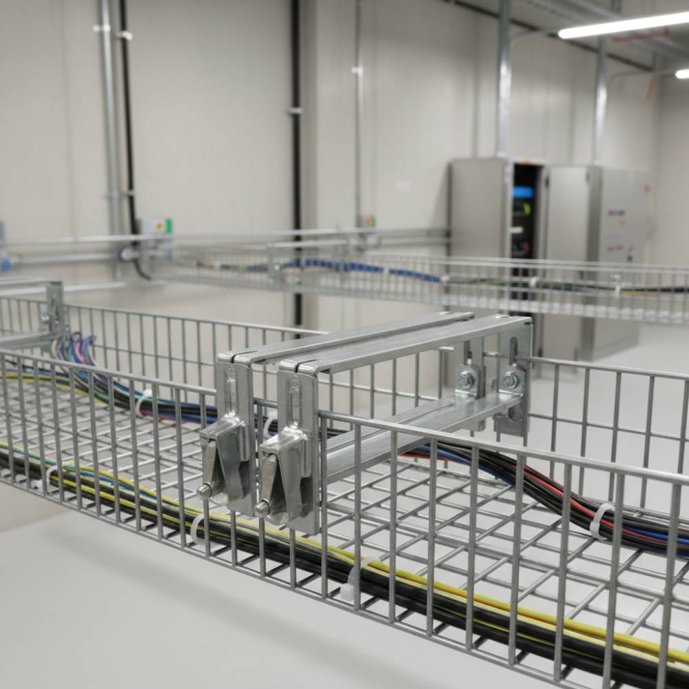 Detalhe da conexão rápida de eletrocalha aramada Elecon, com varões de aço e design modular