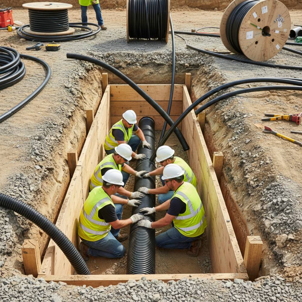 Instalação de eletroduto PEAD em obra de infraestrutura elétrica subterrânea