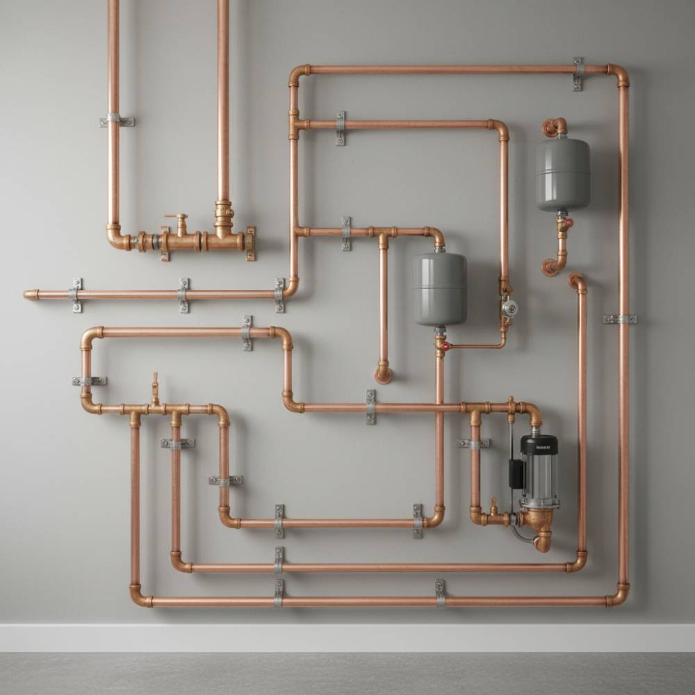 Instalação de tubulação de cobre Classe A em sistema hidráulico residencial, demonstrando sua flexibilidade e acabamento.