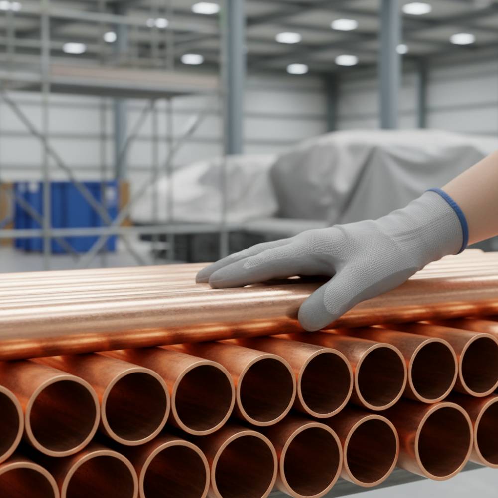 Tubos de cobre Classe A sendo inspecionados em um canteiro de obras, com foco na qualidade do material.
