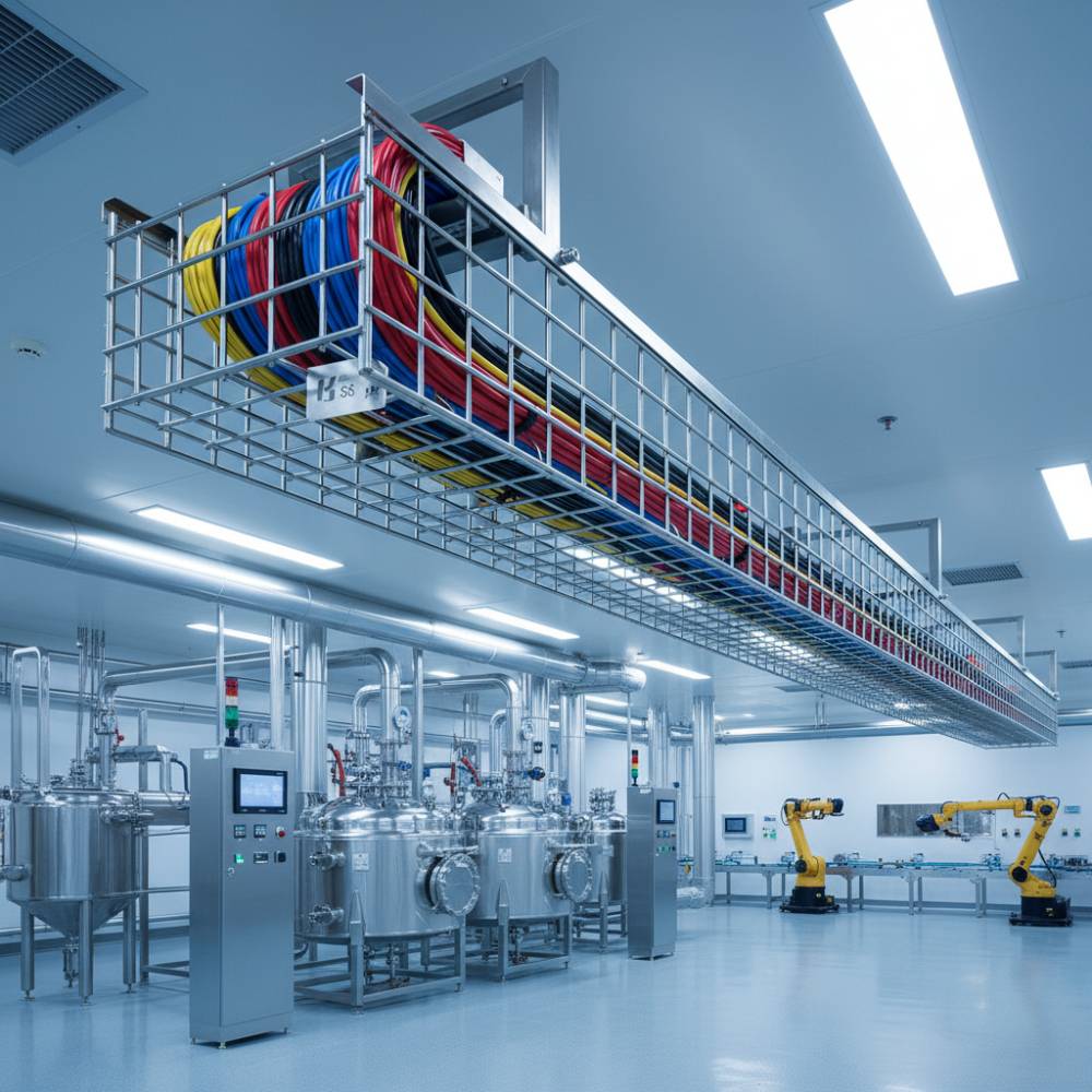 Eletrocalha aramada inox 316 em usina química, resistindo à corrosão intensa e protegendo a fiação.