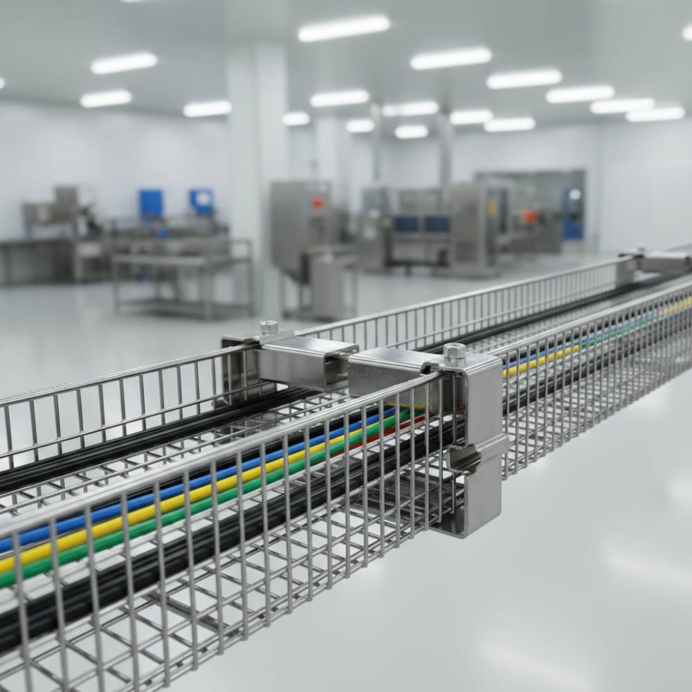 Eletrocalha aramada inox com conectores de pressão, exemplificando a rapidez na montagem de projetos.