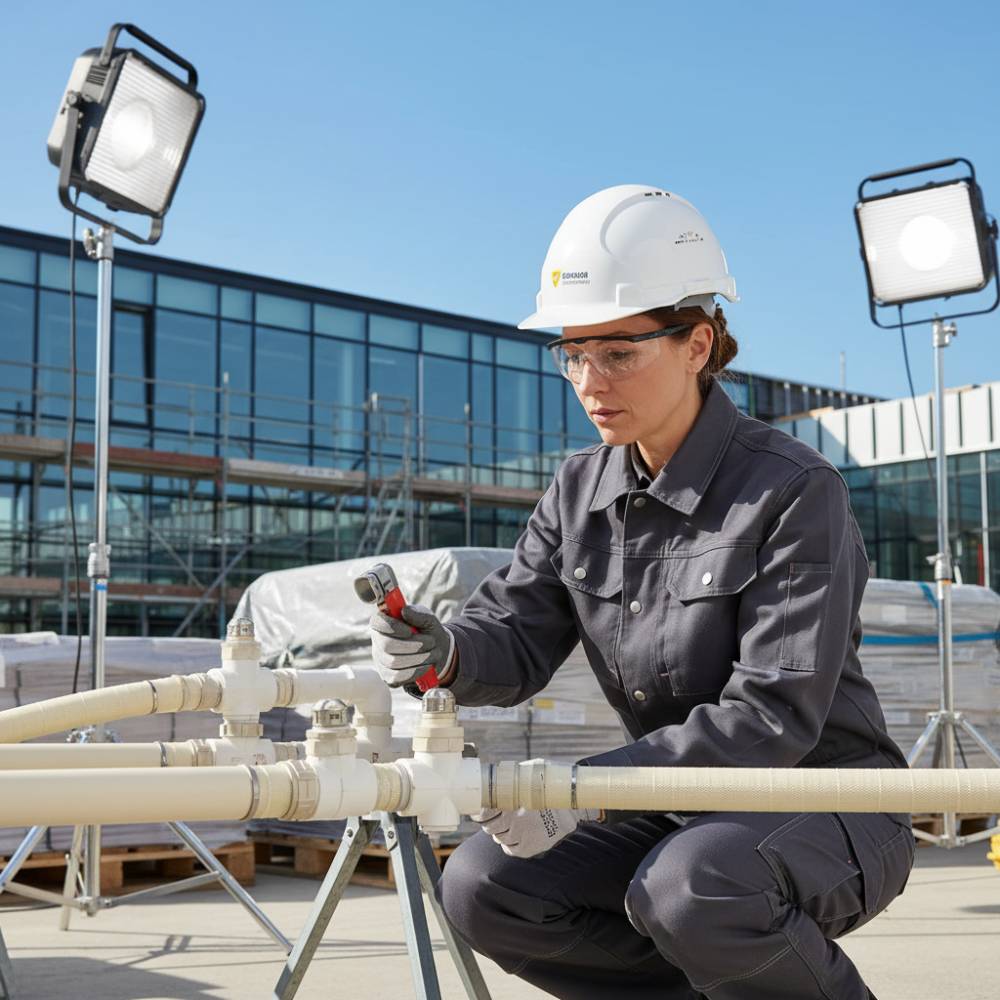 Engenheiro inspecionando uma tubulação de CPVC Amanco em um canteiro de obras, destacando a facilidade de manuseio.