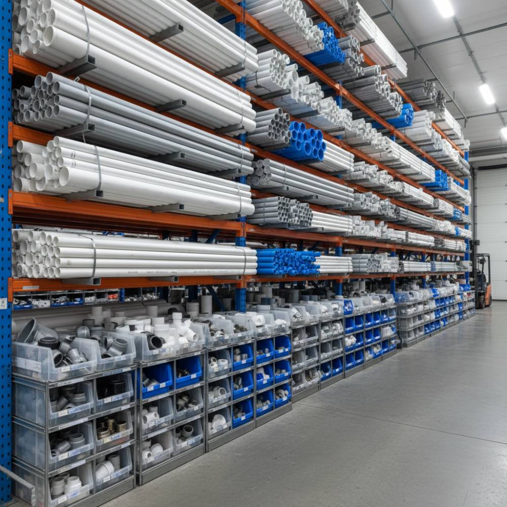 Diferentes diâmetros de tubos e conexões CPVC Amanco em um estoque, prontos para uso em projetos hidráulicos.
