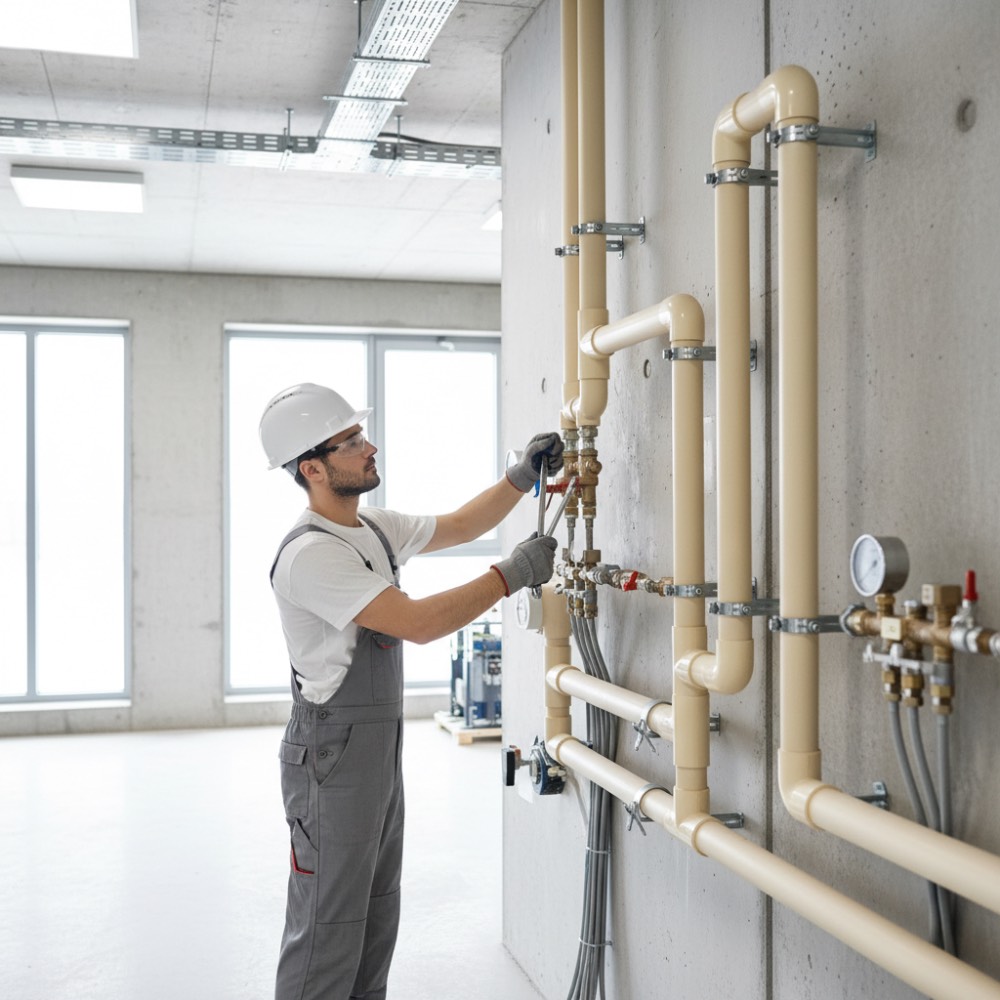 Profissional instalando tubulação Amanco Super CPVC Flowguard em sistema predial, com foco na robustez das conexões.