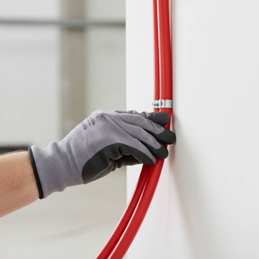 Mão instalando eletroduto PVC vermelho flexível em uma parede, demonstrando sua adaptabilidade