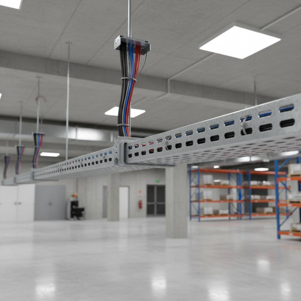 Eletrocalha perfurada metálica instalada no teto de um galpão industrial com cabos elétricos