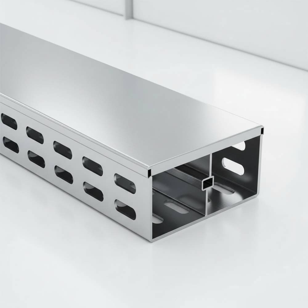 Detalhe da junção de uma eletrocalha lisa com tampa clicada e septo divisor para separação de circuitos