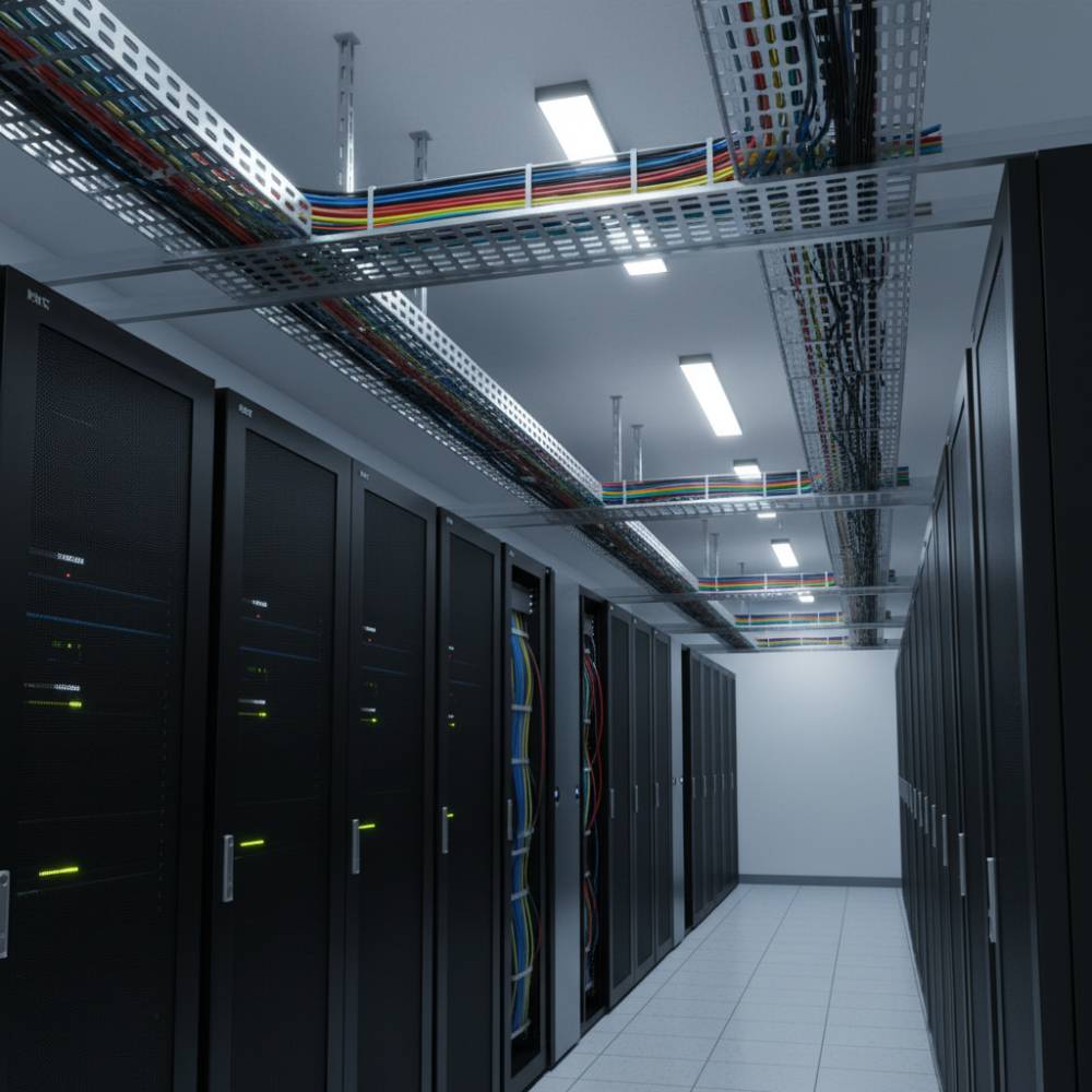 Eletrocalhas aramadas instaladas em data center mostrando a facilidade de inspeção dos cabos