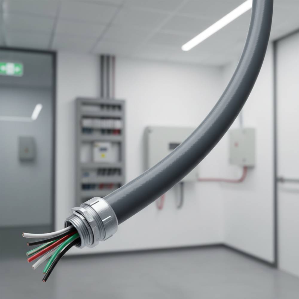 Sealtubo Elecon, eletroduto flexível metálico revestido com PVC para proteção de cabos elétricos.