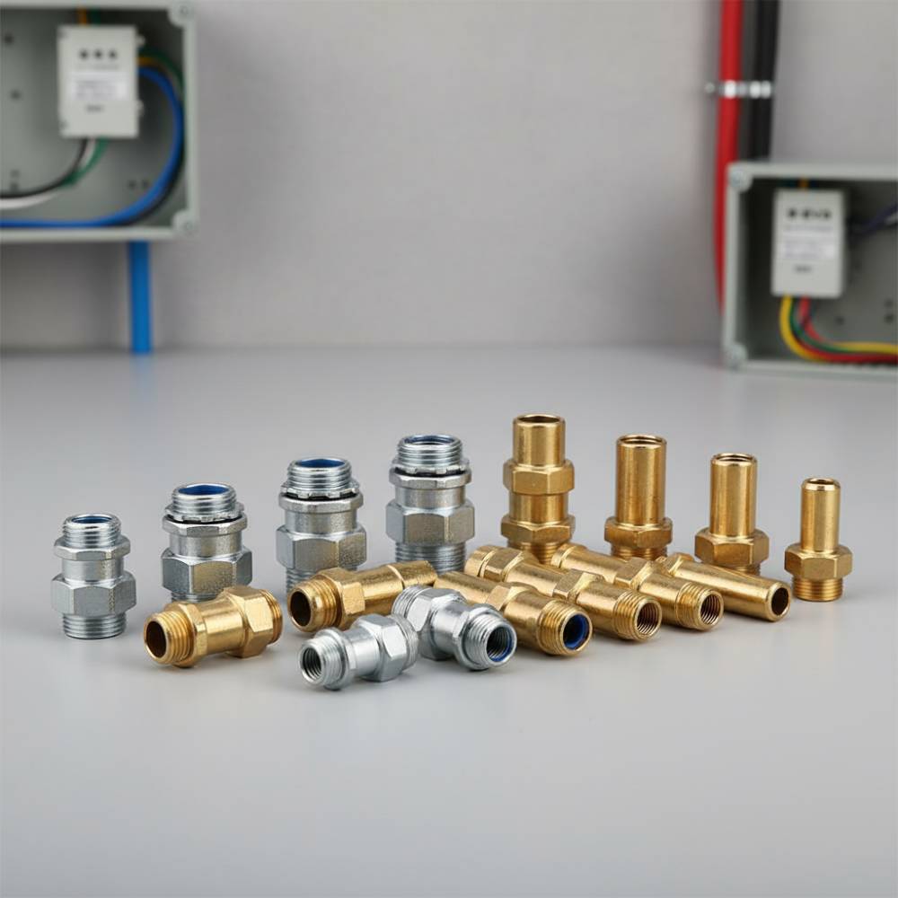 Variedade de conectores Sealtubo Elecon, incluindo macho giratório e fêmea fixa, feitos de latão fundido zincado.