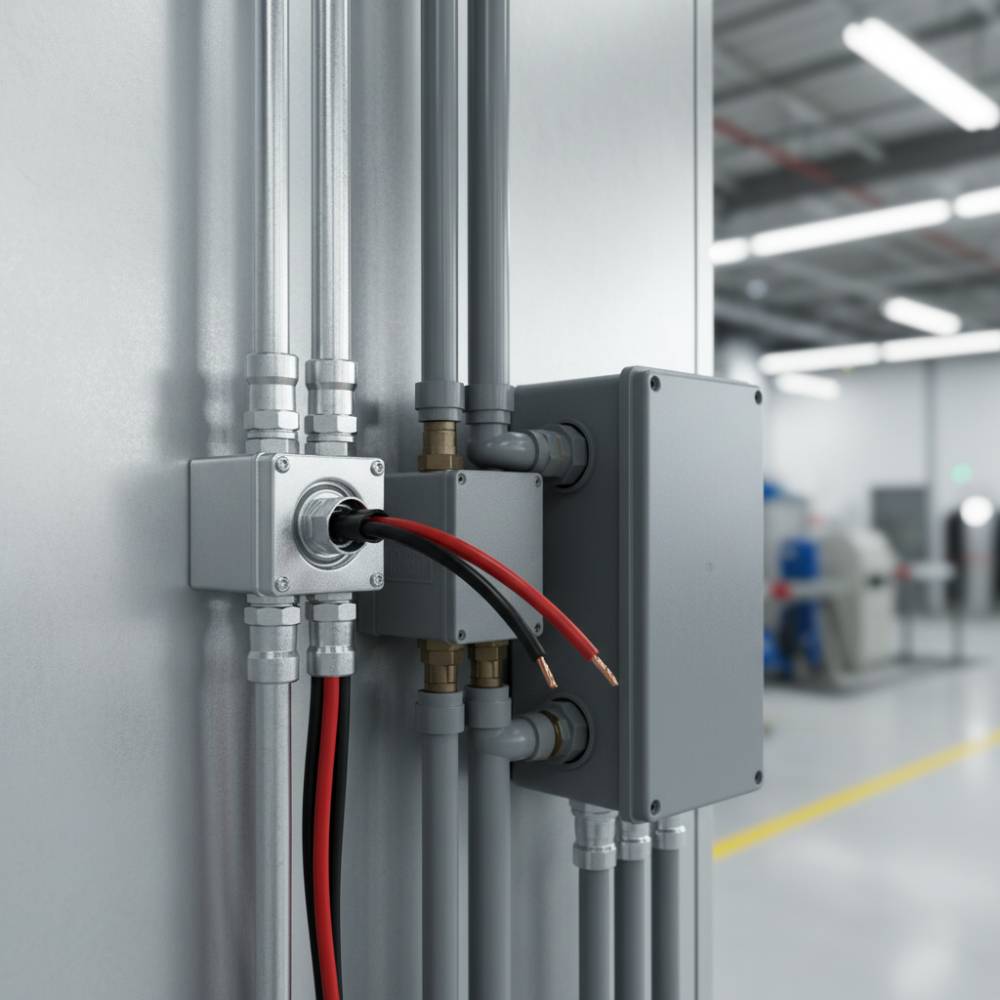 Detalhe da conexão entre eletrodutos e caixas de passagem em instalação industrial