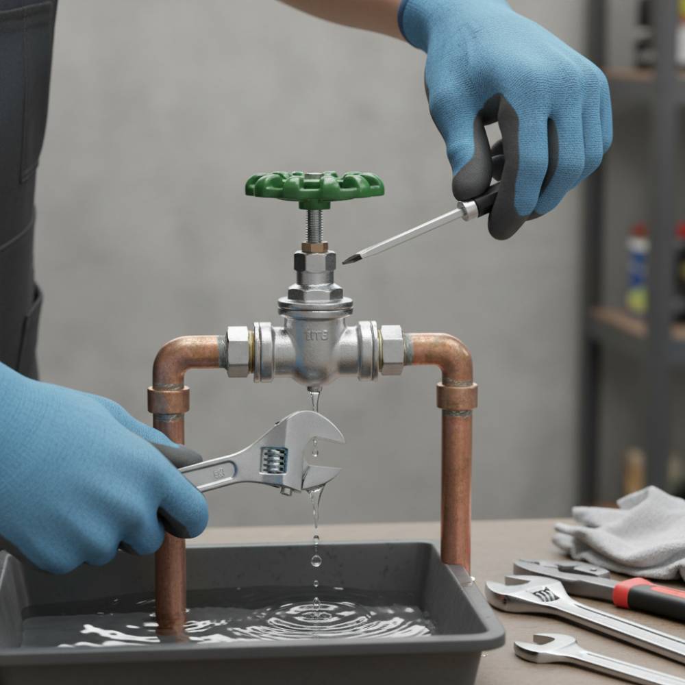 Profissional realizando a manutenção em um registro Deca vazando, utilizando ferramentas adequadas.