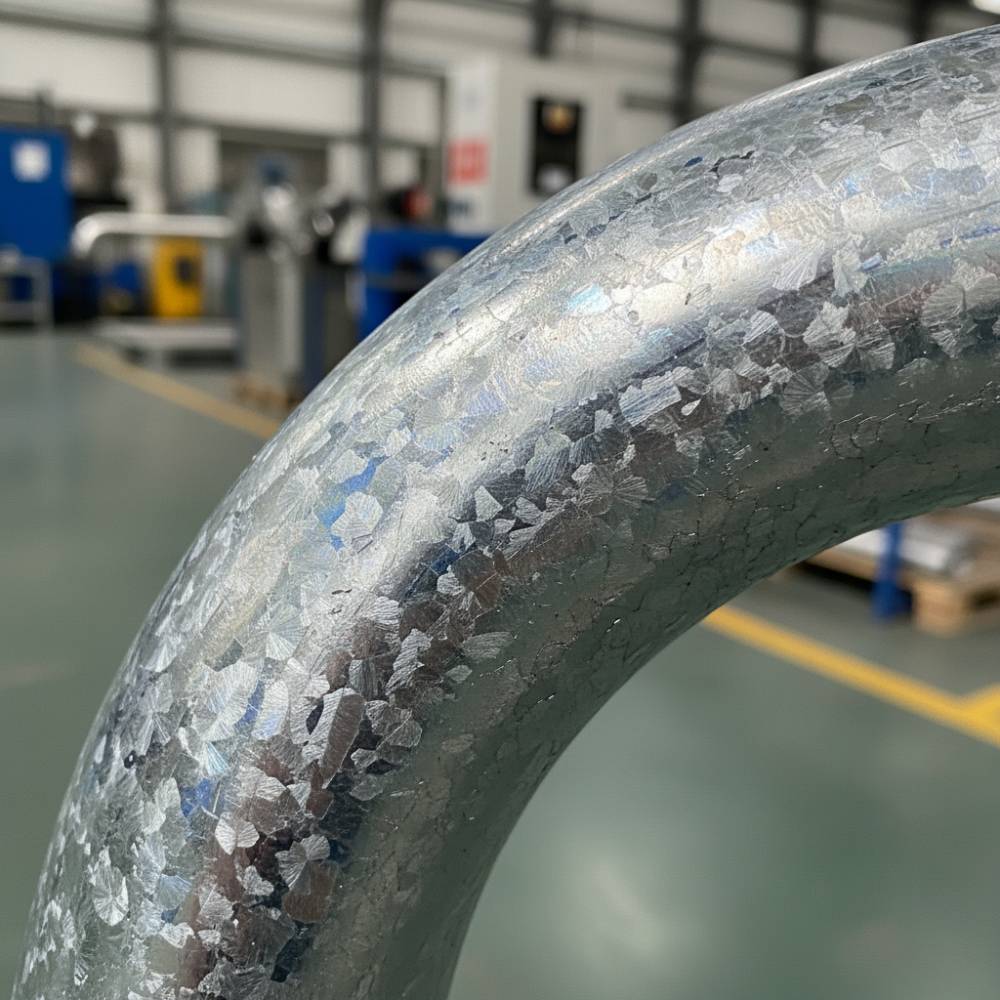 Detalhe do acabamento galvanizado a fogo do eletroduto NBR 5624, mostrando a camada protetora de zinco