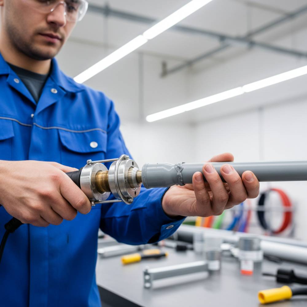 Homem realizando a termofusão em um Tubo PPR com aquecedor elétrico, garantindo uma união homogênea e segura da tubulação.