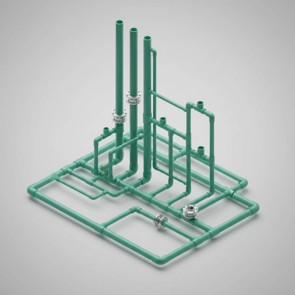 Diagrama esquemático de um sistema hidráulico predial utilizando Tubos PPR para distribuição de água quente e fria, mostrando as ramificações.