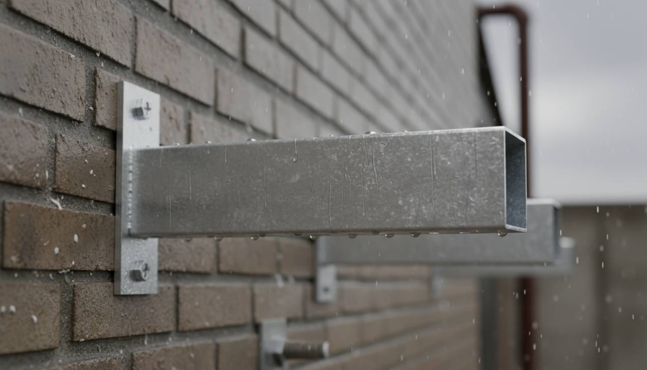 Detalhe de um perfilado Elecon galvanizado a fogo, mostrando a resistência à corrosão em ambientes externos.